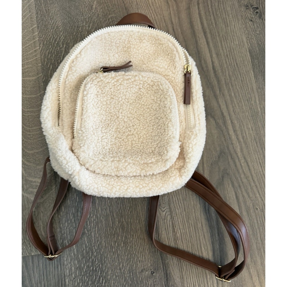 Aspen Sherpa Backpack Bag Ivory With Leather Brown Straps